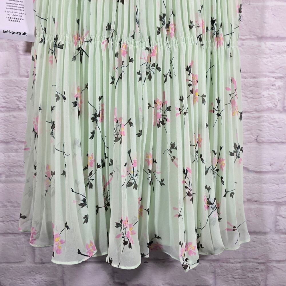 MS Self-Portrait Green Floral Pleat Mini Dress Women Size 2 NWT Sweetheart Cute - Picture 4 of 15